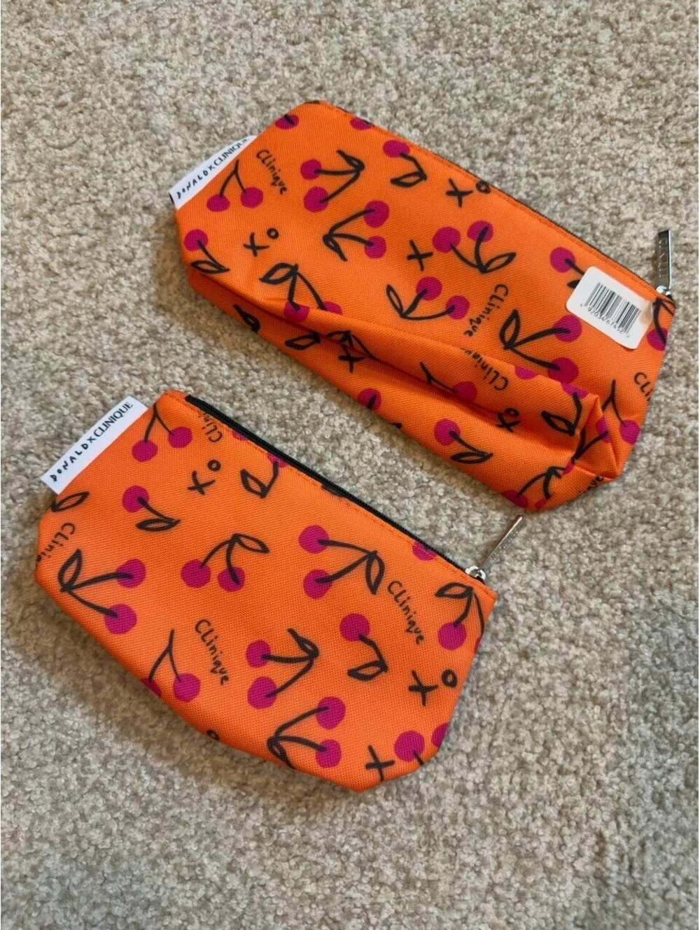 Donald Robertson x Clinique Cherry Print Cosmetic Bag Lot of 2 Orange Pink New